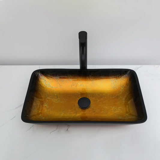 Lordear Dark Brown/Yellow Rectangular Tempered Glass Bathroom Vessel Sink with  Pop-up Drain