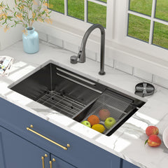 Lordear  33 Inch Undermount Single Bowl Waterfall Stainless Steel Workstation Kitchen Sink With Faucet
