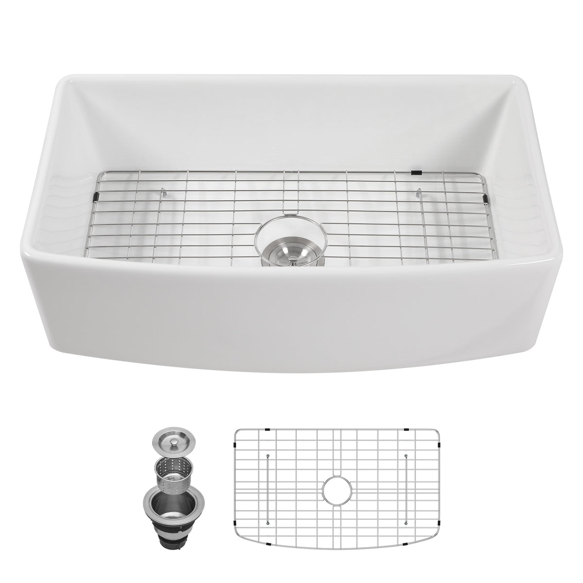 Lordear 33'' White Ceramic Curved Apron Fireclay Farmhouse Sink