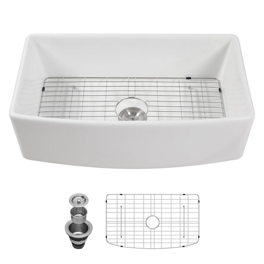 Lordear 33'' White Ceramic Curved Apron Fireclay Farmhouse Sink 2000