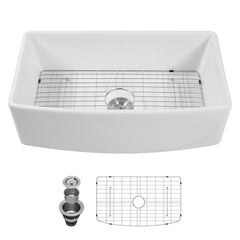 Lordear 33'' White Ceramic Curved Apron Fireclay Farmhouse Sink