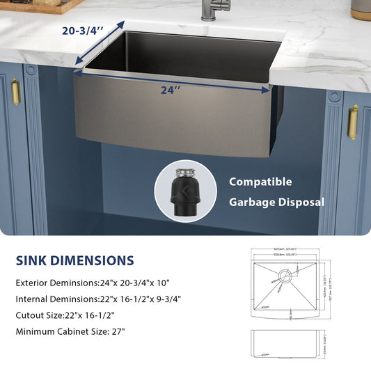 Lordear 24'' x 21'' Apron Front Stainless Steel Farmhouse Sink