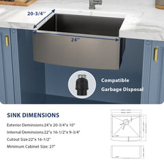 Lordear 24'' x 21'' Apron Front Stainless Steel Farmhouse Sink