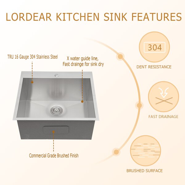 22in L Undermount Single Bowl Stainless Steel Kitchen Sink  from Lordear