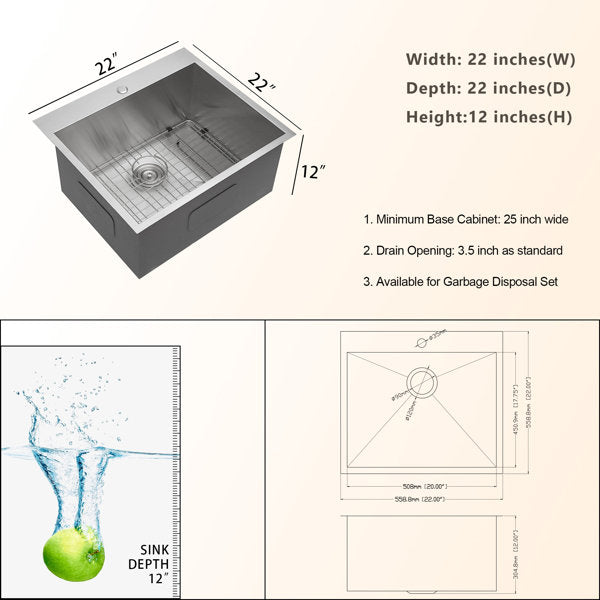 22in L Undermount Single Bowl Stainless Steel Kitchen Sink  from Lordear