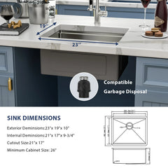 Lordear 23'' Undermount Single Bowl Stainless Steel Workstation Kitchen Sink