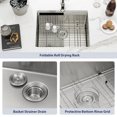 Lordear 23'' Undermount Single Bowl Stainless Steel Workstation Kitchen Sink