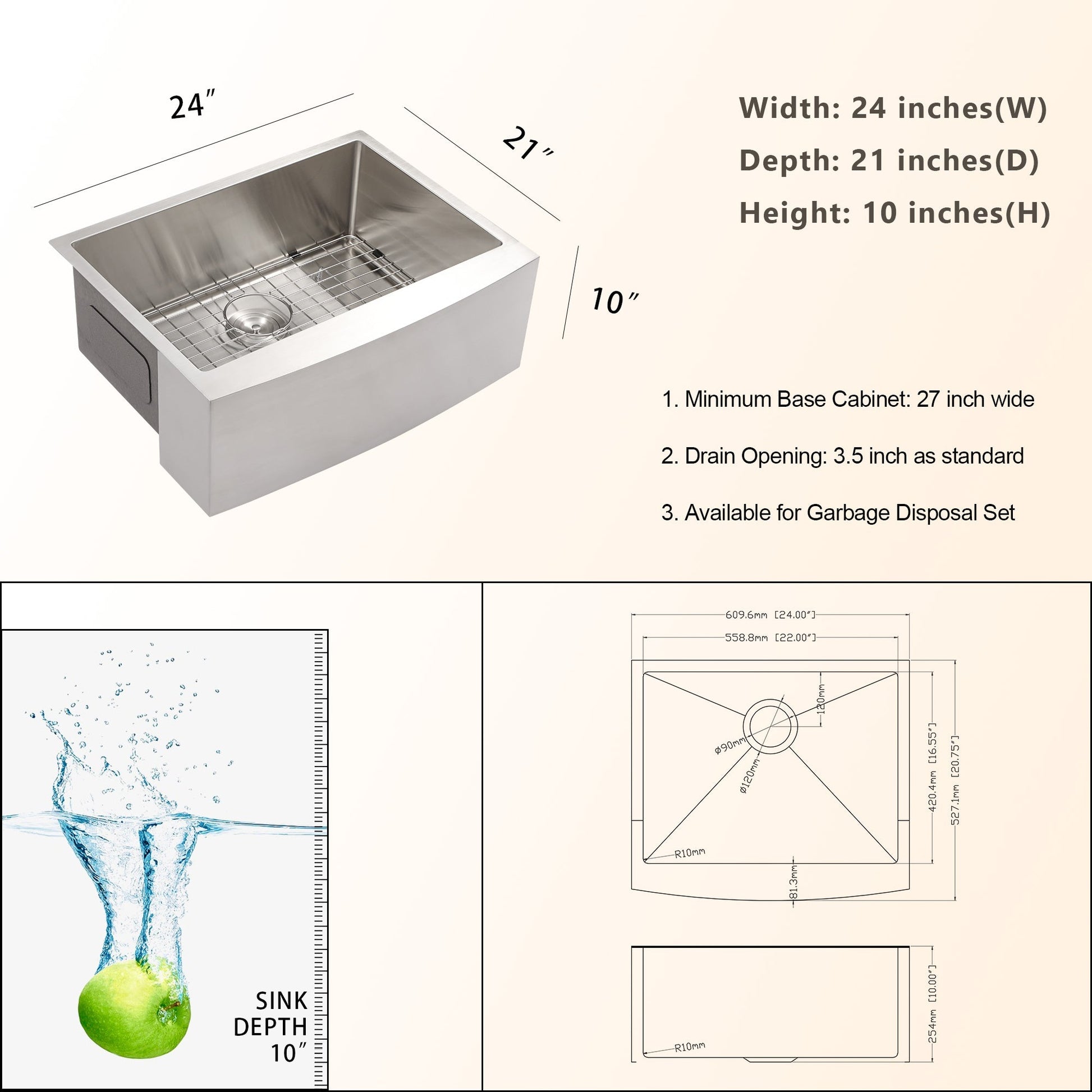 24 x 21 Inch Farmhouse Kitchen Sink 16 Gauge Stainless Steel Kitchen Sink Single Bowl Apron Front Sink with Drying Rack and Bottom Grid  from Lordear