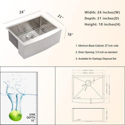 24 x 21 Inch Farmhouse Kitchen Sink 16 Gauge Stainless Steel Kitchen Sink Single Bowl Apron Front Sink with Drying Rack and Bottom Grid  from Lordear