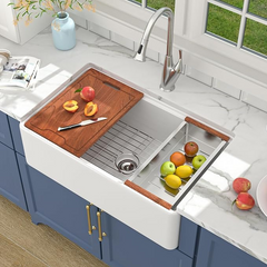 Lordear 33 White Farmhouse Sink Workstation Porcelain Farm Kitchen Sinks Apron Front White Single Bowl Basin 33x20x10 Inch Large Bowl Sink