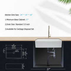 Lordear 24'' Ceramic White Apron Front Single Bowl Fireclay Farmhouse Sink