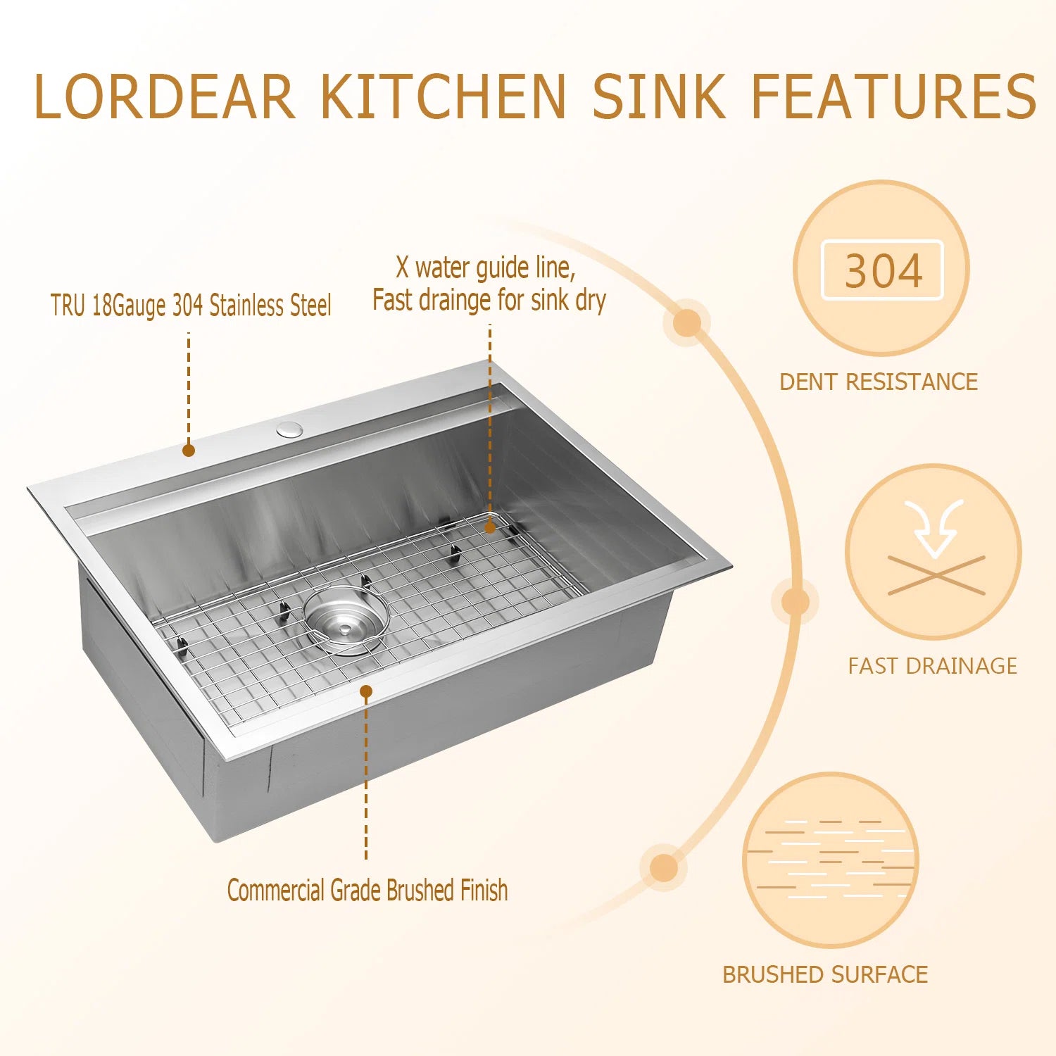 Lordear 25'' x 22'' Stainless Steel Drop-in Workstation Kitchen Sink