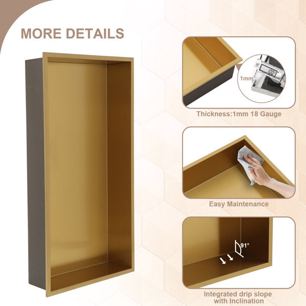 25in W x 13in H Shower Niche Stainless Steel Bathroom Niche Bathroom Storage Shelf Niche Wall Niche-Gold  from Lordear