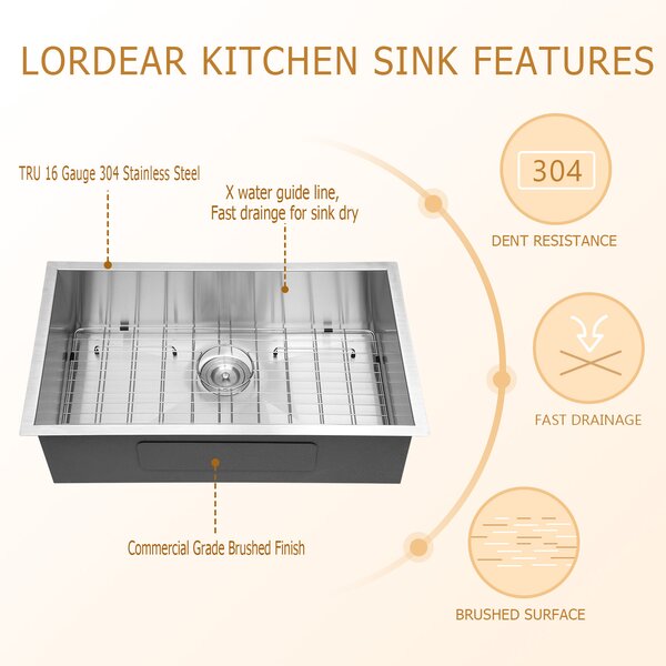 26in L x 18in W Undermount Kitchen Sink 16 Gauge Stainless Steel Kitchen Sink with Drain Assembly  from Lordear