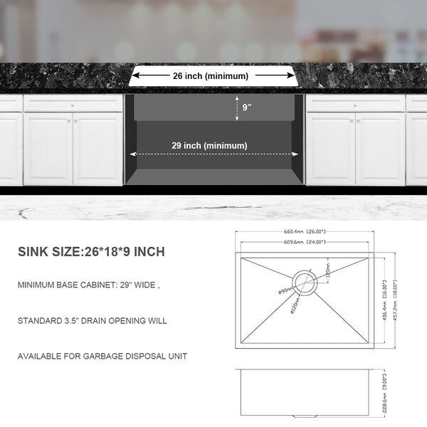 26in L x 18in W Undermount Kitchen Sink 16 Gauge Stainless Steel Kitchen Sink with Drain Assembly  from Lordear