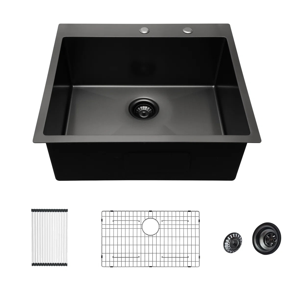Lordear Black kitchen sink with accessories on a white background