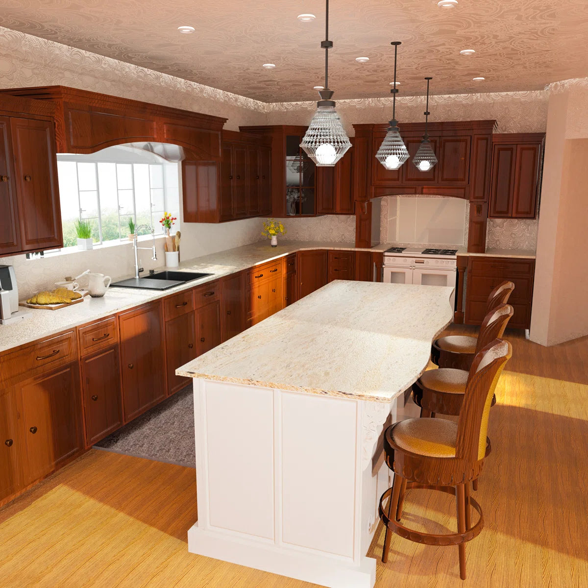 Lordear Modern kitchen with wooden cabinets, marble countertops, and a central island.