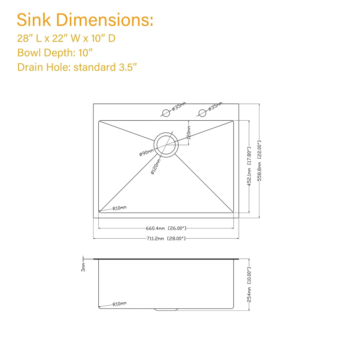 Lordear Technical drawing of a sink with dimensions labeled