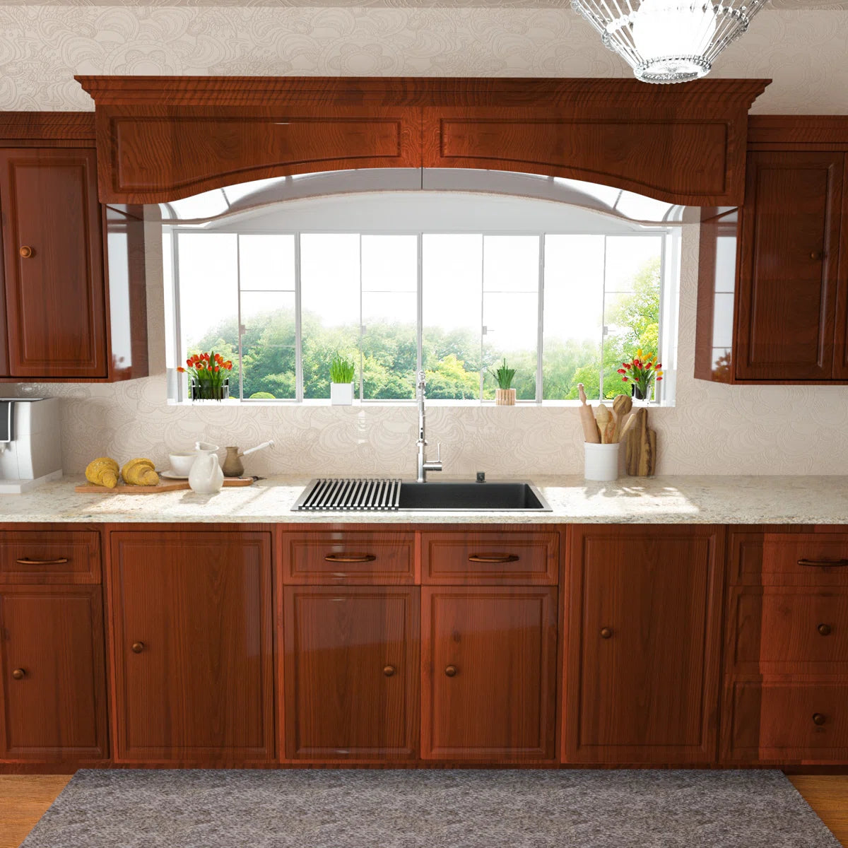 Lordear Modern kitchen with wooden cabinets and a large window