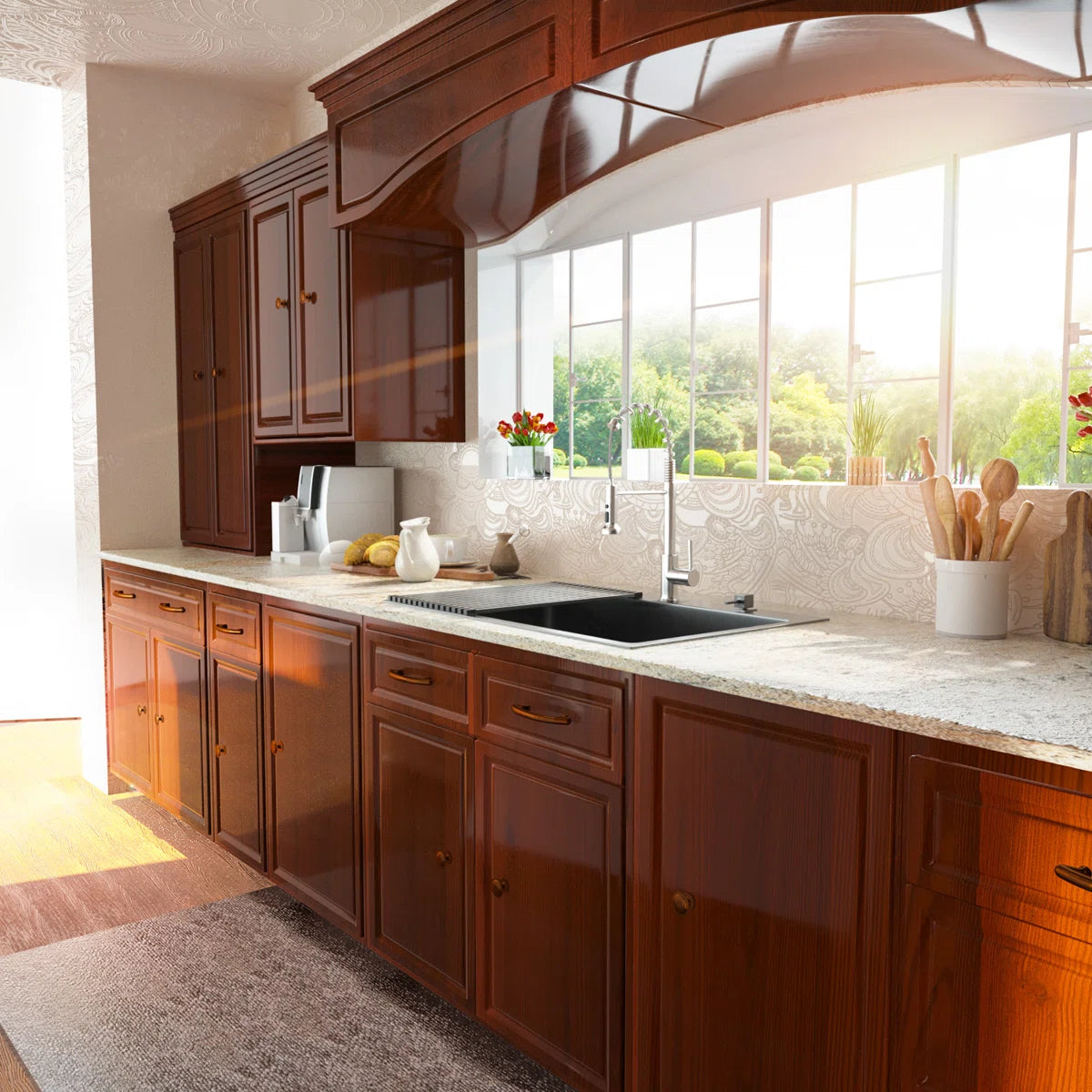 Lordear Modern kitchen with wooden cabinets, granite countertops, and a large window.