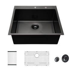 Lordear Black kitchen sink with accessories on a white background