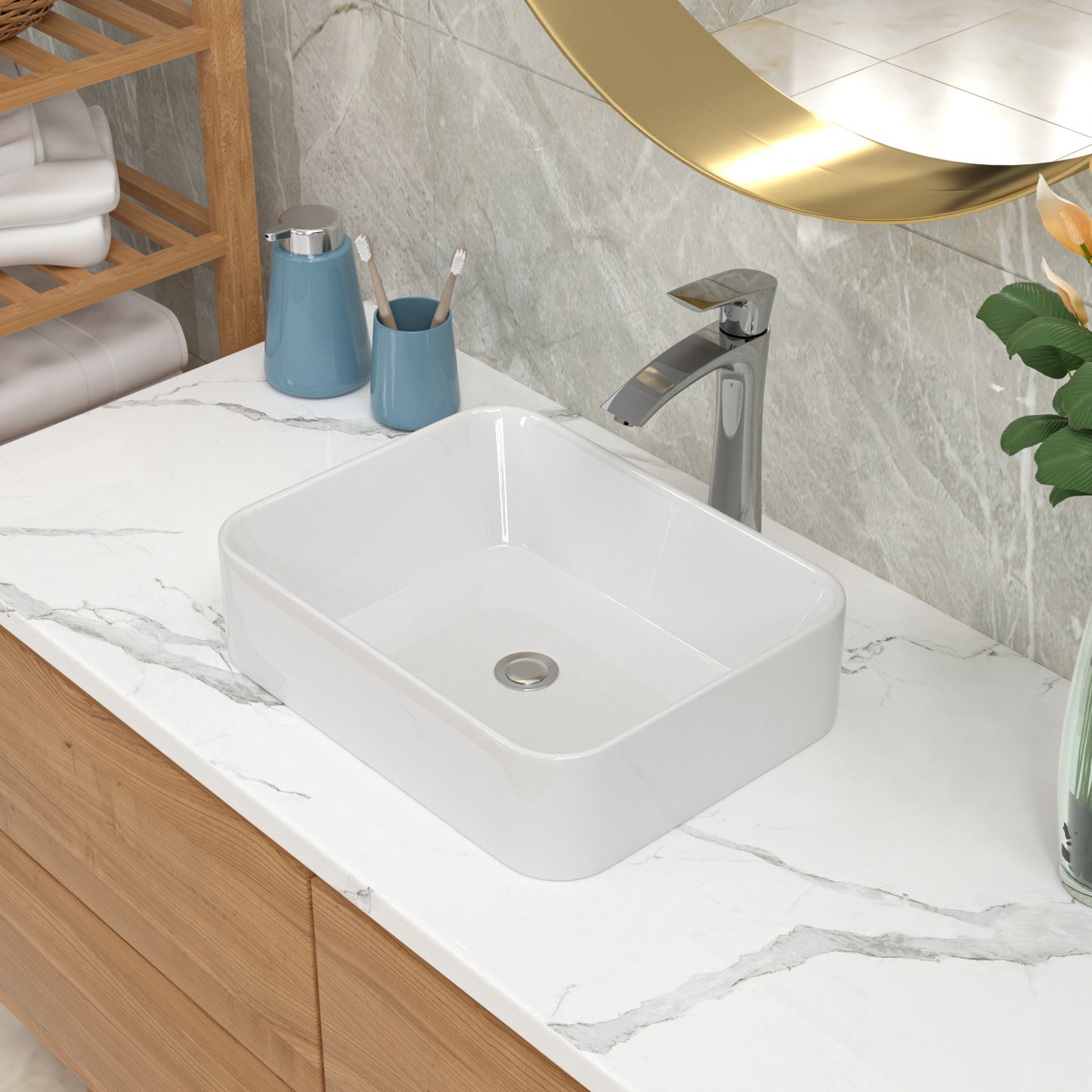 19in W X 15in D Bathroom Vessel Sink with Sink Faucet Above Counter White Ceramic Modern Classic  from Lordear