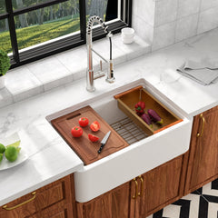 Lordear 33'' Ceramic Apron Front Step Single Bowl Kitchen Sink with Gold Drain Strainer & Complete Workstation Accessories