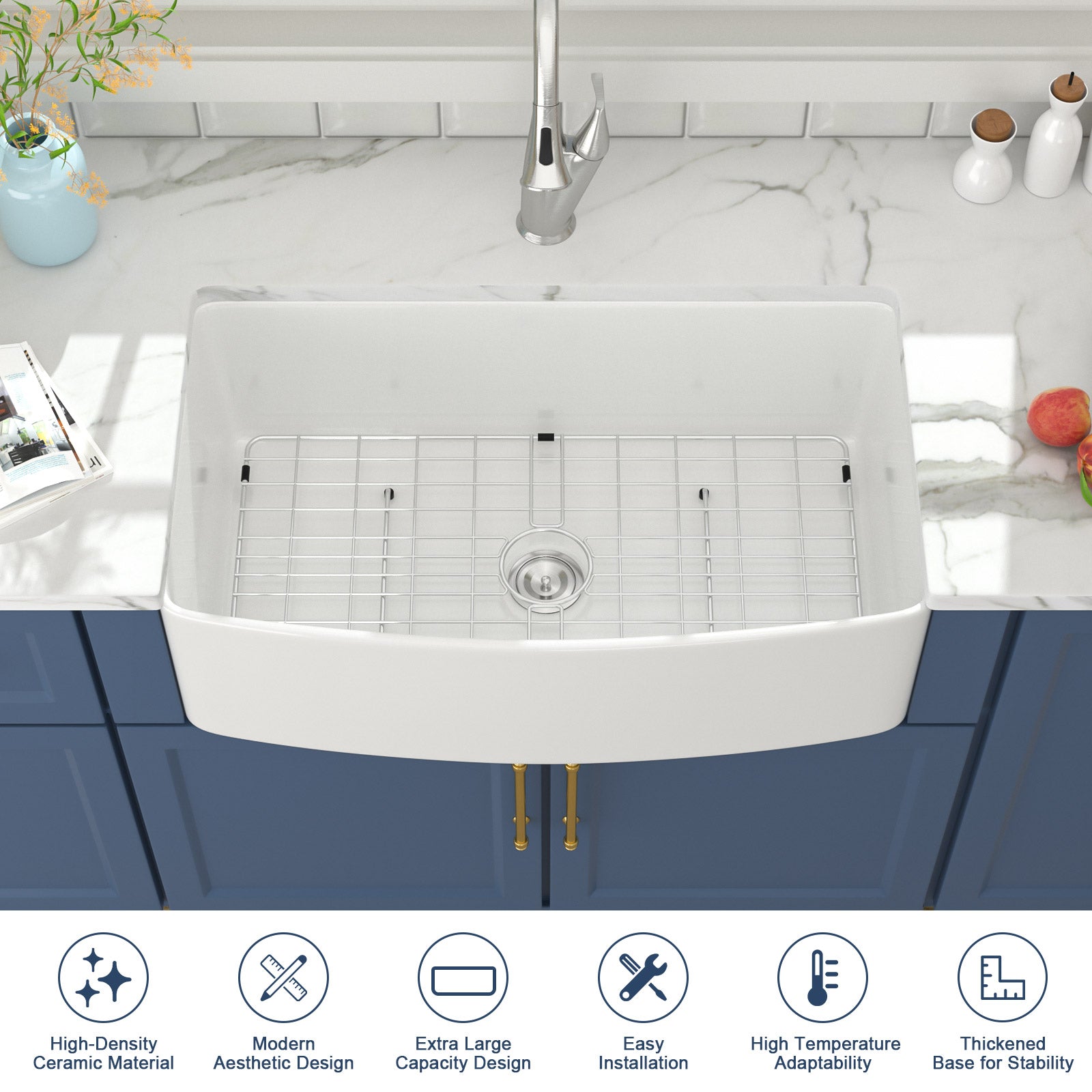 Lordear 33'' White Ceramic Curved Apron Fireclay Farmhouse Sink