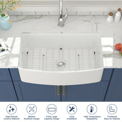 Lordear 33'' White Ceramic Curved Apron Fireclay Farmhouse Sink