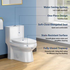 Lordear White Ceramic Water Saving One Piece Toilet with Comfort Wider Chair Seat