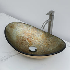 Lordear Champagne Boat  Tempered Glass Bathroom Vessel Sink with  Pop-up Drain