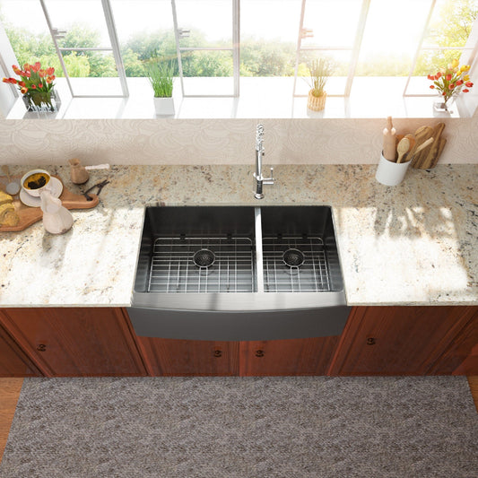 Lordear 33'' Stainless Steel Double Bowl Gunmetal Black Apron Front Farmhouse Kitchen Sink  from Lordear