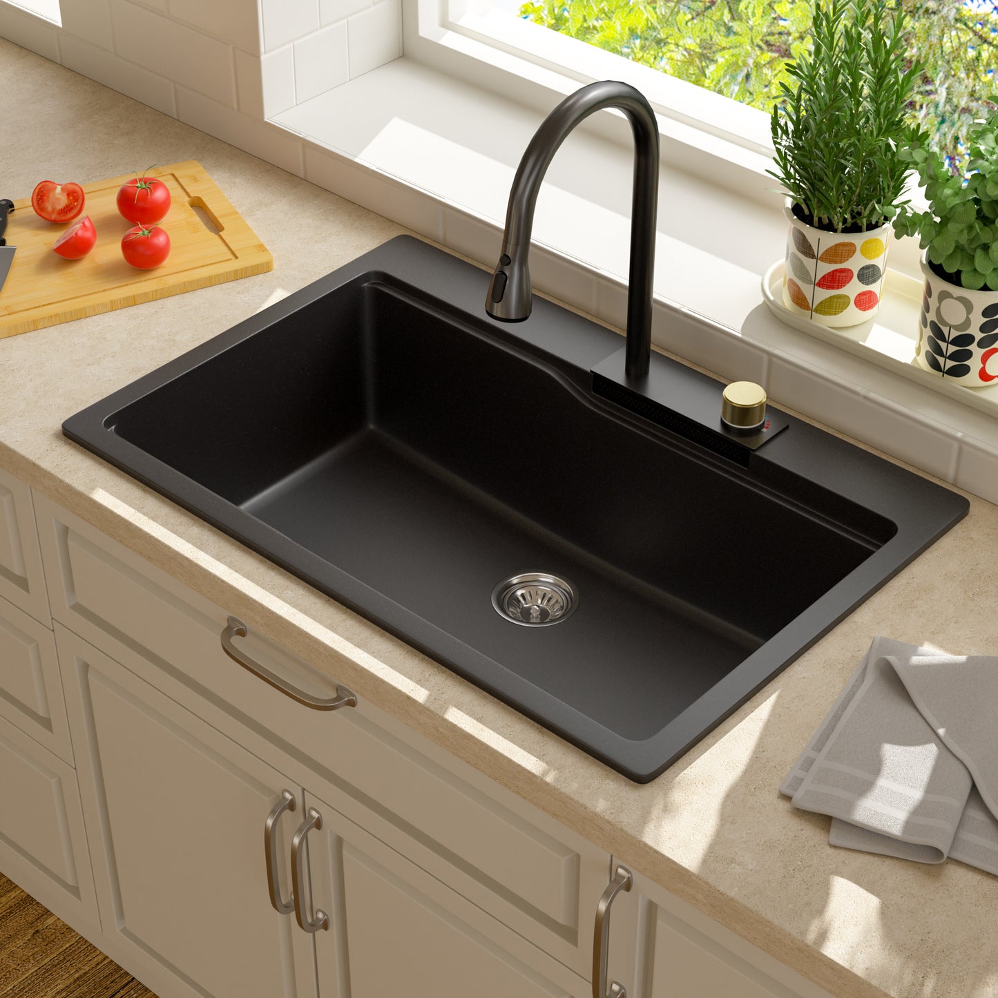 Quartz 33in X 22in Granite Composite Drop In Kitchen Sink Workstation Waterfall Single Bowl Sink-Black  from Lordear