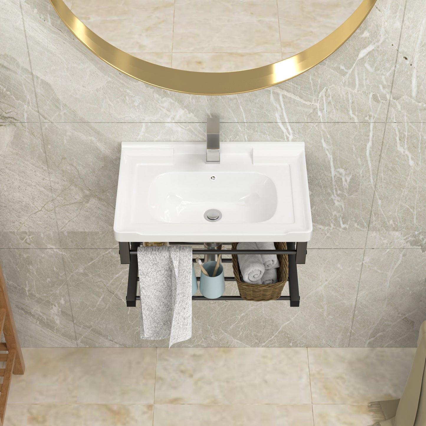 23.75in L x 15.75in W Wall Mounted Bathroom Sink with Towel Rack White Ceramic Bathroom Wall Hung Sink  from Lordear