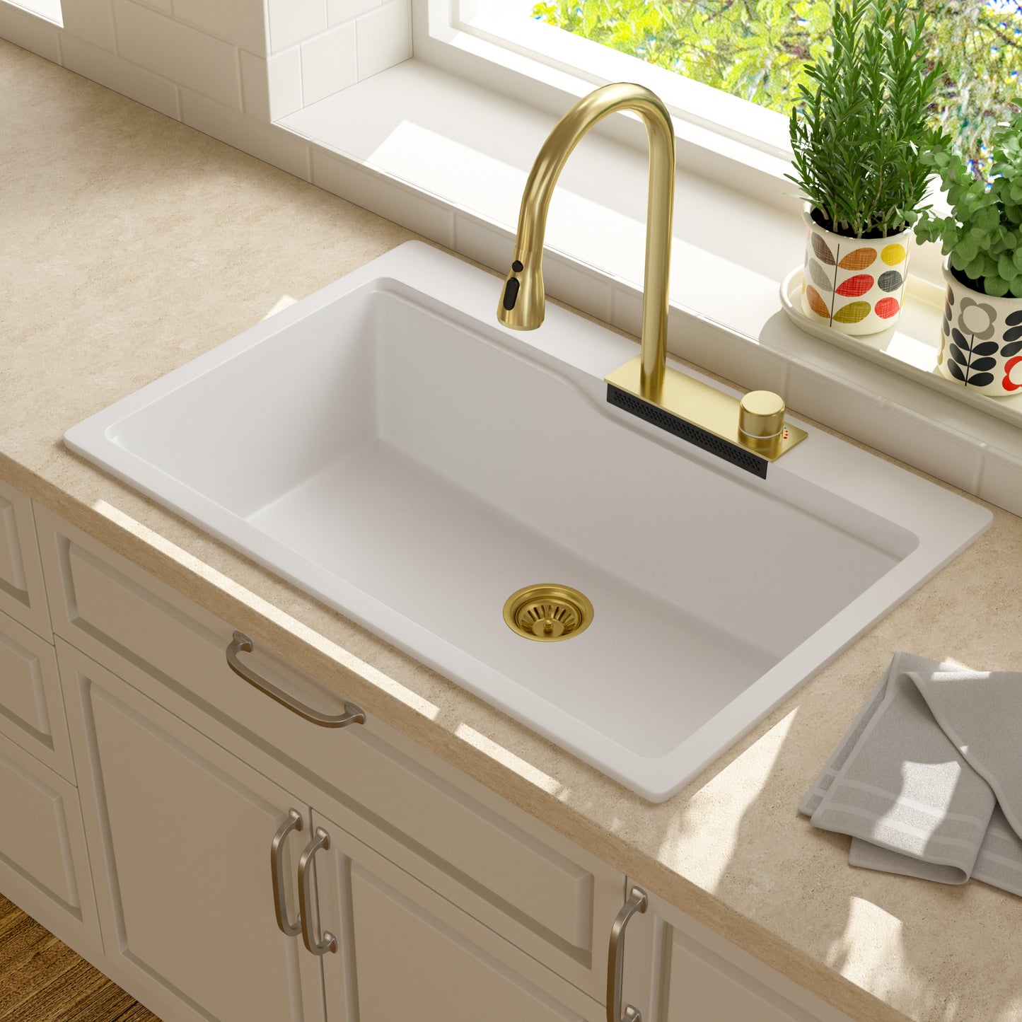 Quartz 33in X 22in Granite Composite Drop In Kitchen Sink Workstation Waterfall Single Bowl Sink-White  from Lordear