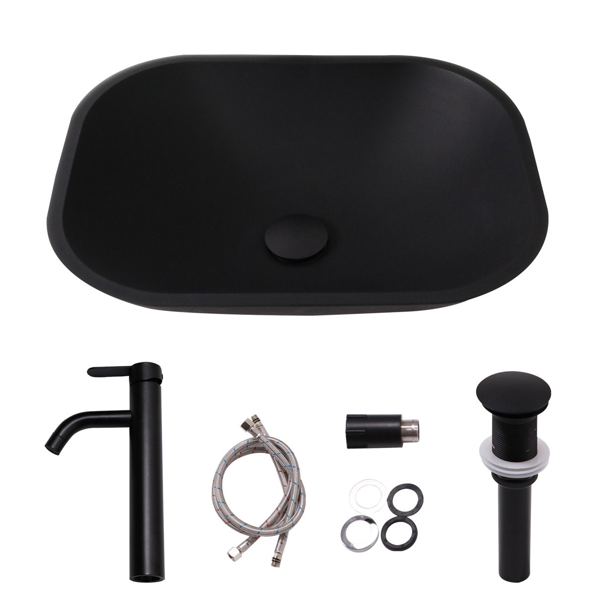 Lordear Tempered Glass Rectangular Matte Black Vessel Bathroom Sink with Faucet and Drain