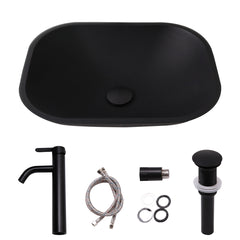 Lordear Tempered Glass Rectangular Matte Black Vessel Bathroom Sink with Faucet and Drain