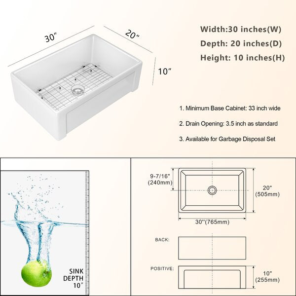 30 Inch Apron-Front Kitchen Sink Fireclay Ceramic Porcelain Single Bowl Kitchen Farm Sinks  from Lordear