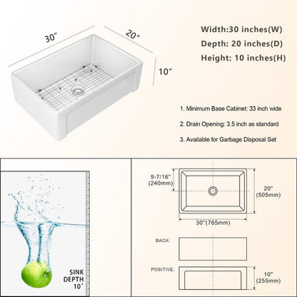 30 Inch Apron-Front Kitchen Sink Fireclay Ceramic Porcelain Single Bowl Kitchen Farm Sinks  from Lordear