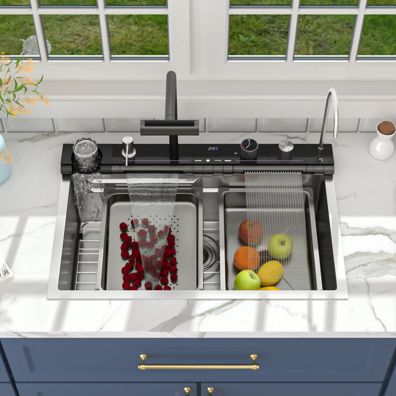 Lordear brushed_nickel Drop-in Single Bowl Waterfall Stainless Steel Workstation Kitchen Sink with Digital Display in Honeycomb Finish