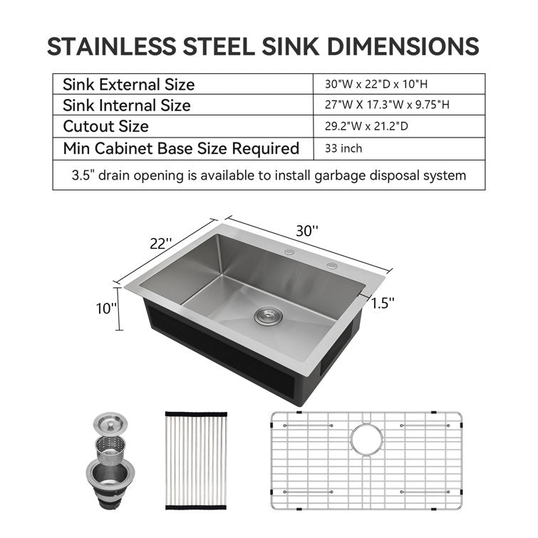 LORDEAR Drop In Kitchen Sink 30 Inch Stainless Steel Drop In 16 Gauge Single Bowl Sink with Ledges 30x22 inch Topmount Kitchen Sinks Round Corners  from Lordear