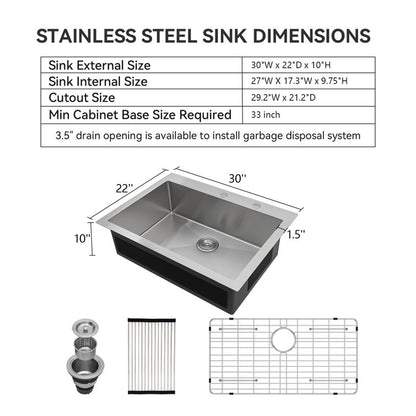 LORDEAR Drop In Kitchen Sink 30 Inch Stainless Steel Drop In 16 Gauge Single Bowl Sink with Ledges 30x22 inch Topmount Kitchen Sinks Round Corners  from Lordear