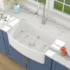 Lordear 30 Inch White Fireclay Farmhouse Kitchen Sink, Single Bowl Apron Front Ceramic Kitchen Sink