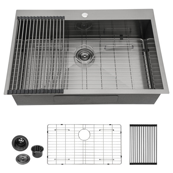 30in L x 22in W Drop-in Kitchen Sink 16 Gauge Stainless Steel Kitchen Sink Topmount Single Bowl Sink-Black  from Lordear