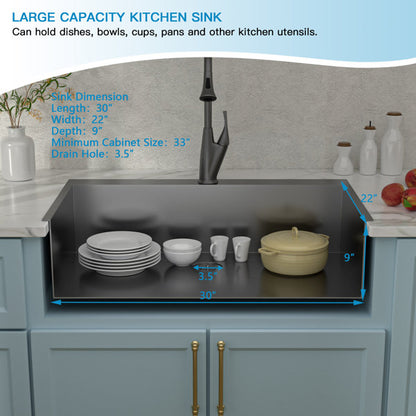 30in L x 22in W Drop-in Kitchen Sink 16 Gauge Stainless Steel Kitchen Sink Topmount Single Bowl Sink-Black  from Lordear