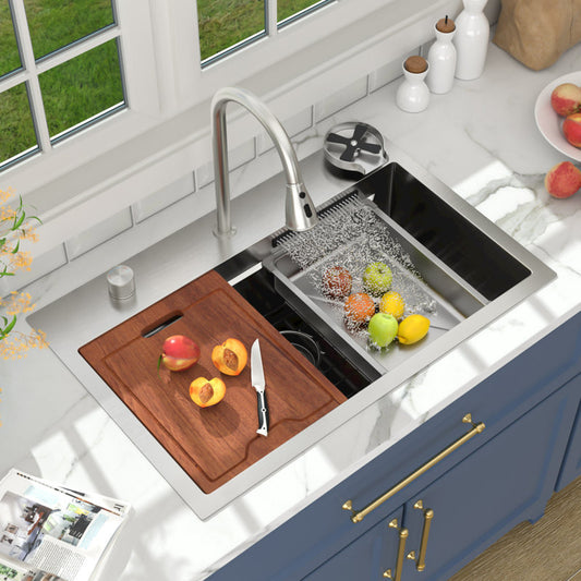 Lordear silver 31'' Waterfall Single Bowl Topmount Stainless Steel Workstation Kitchen Sink with Pull Out Faucet