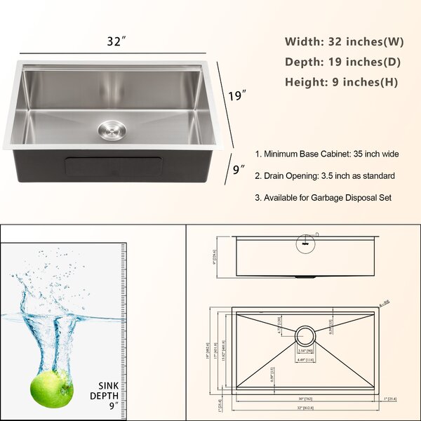 32in L Undermount Single Bowl Stainless Steel Kitchen Sink  from Lordear