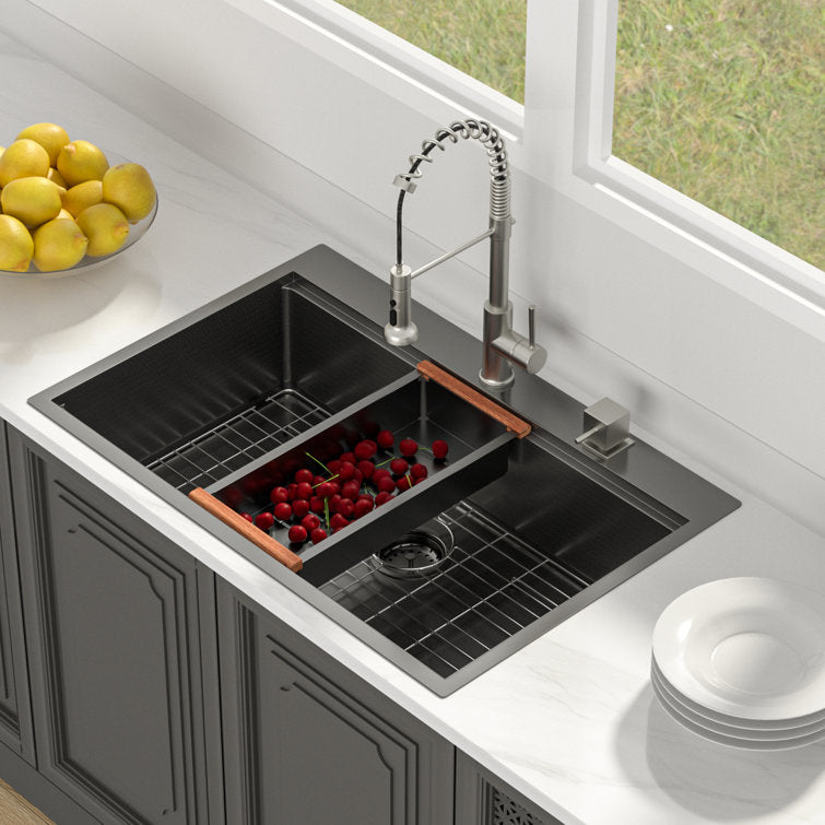 Lordear Black Kitchen Sink 33 x 22 Inch Drop-in Workstation Kitchen Sink Stainless Steel Single Bowl Kitchen Sink Topmount Sink  from Lordear