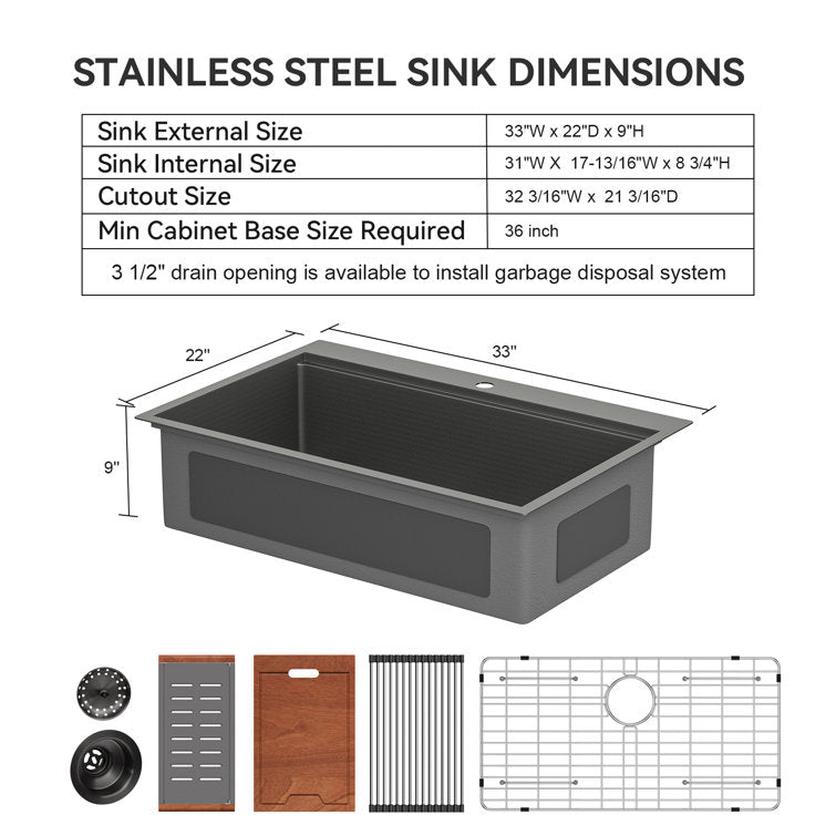 Lordear Black Kitchen Sink 33 x 22 Inch Drop-in Workstation Kitchen Sink Stainless Steel Single Bowl Kitchen Sink Topmount Sink  from Lordear