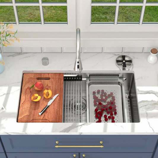 Lordear brushed_nickel  33 Inch Undermount Single Bowl Waterfall Stainless Steel Workstation Kitchen Sink With Faucet